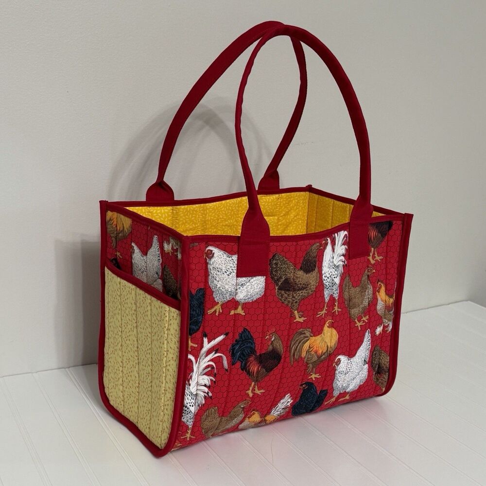 Handmade Quilted Chicken All The Things Tote Bag Red Farmhouse Organizer Teacher